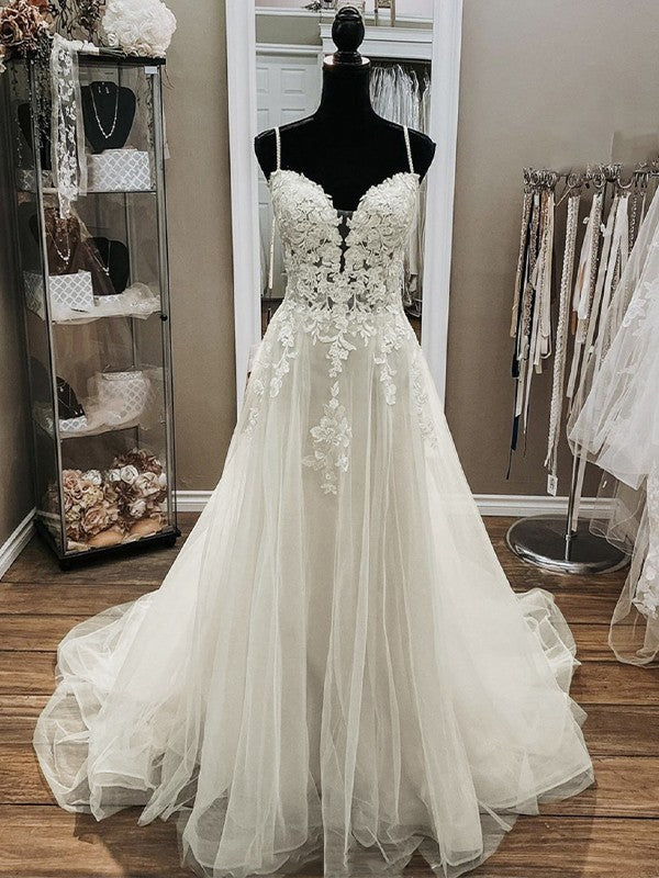 Vestidos de novia de corte A/princesa, con apliques de tul, escote en V, sin mangas y cola larga