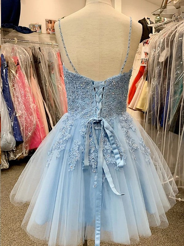 A-Line/Princess Tulle Applique V-neck Sleeveless Short/Mini Dresses