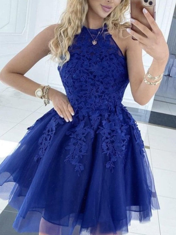 A-Line/Princess Tulle Applique Halter Sleeveless Short/Mini Dresses