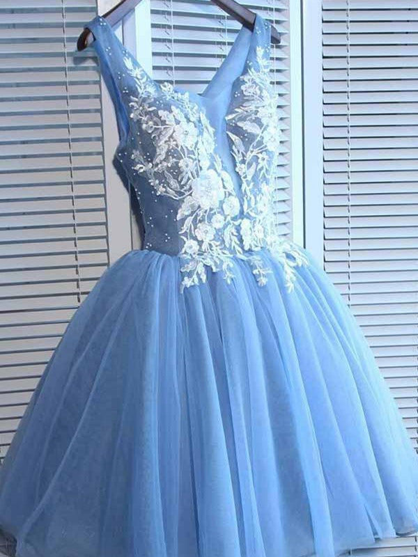 A-Line/Princess Tulle Applique V-neck Sleeveless Short/Mini Dresses