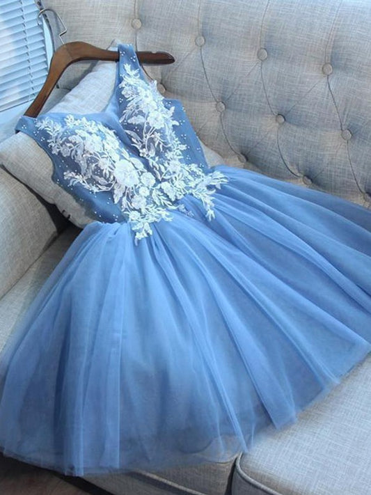 A-Line/Princess Tulle Applique V-neck Sleeveless Short/Mini Dresses