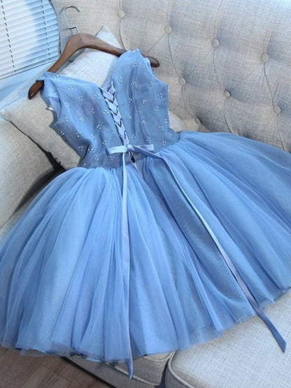 A-Line/Princess Tulle Applique V-neck Sleeveless Short/Mini Dresses