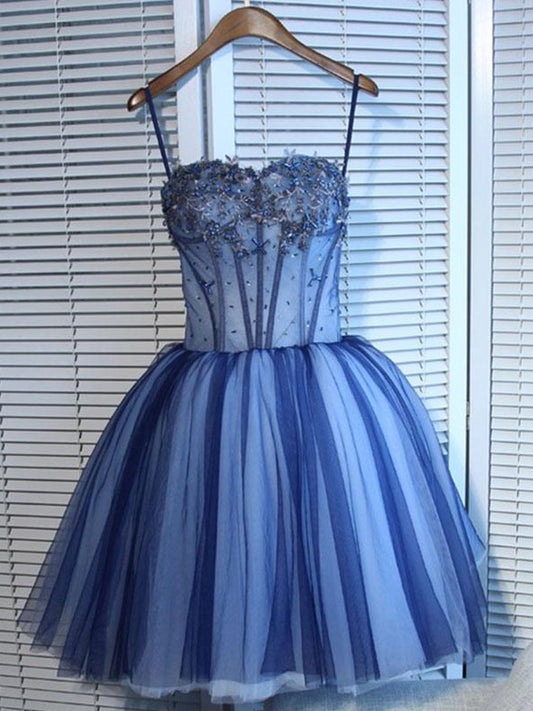 A-Line/Princess Tulle Beading Spaghetti Straps Sleeveless Short/Mini Dresses