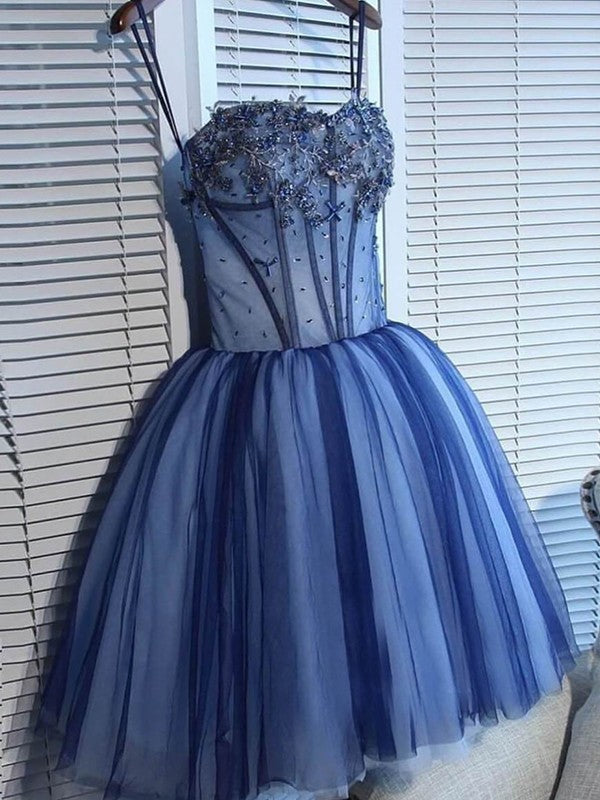 A-Line/Princess Tulle Beading Spaghetti Straps Sleeveless Short/Mini Dresses