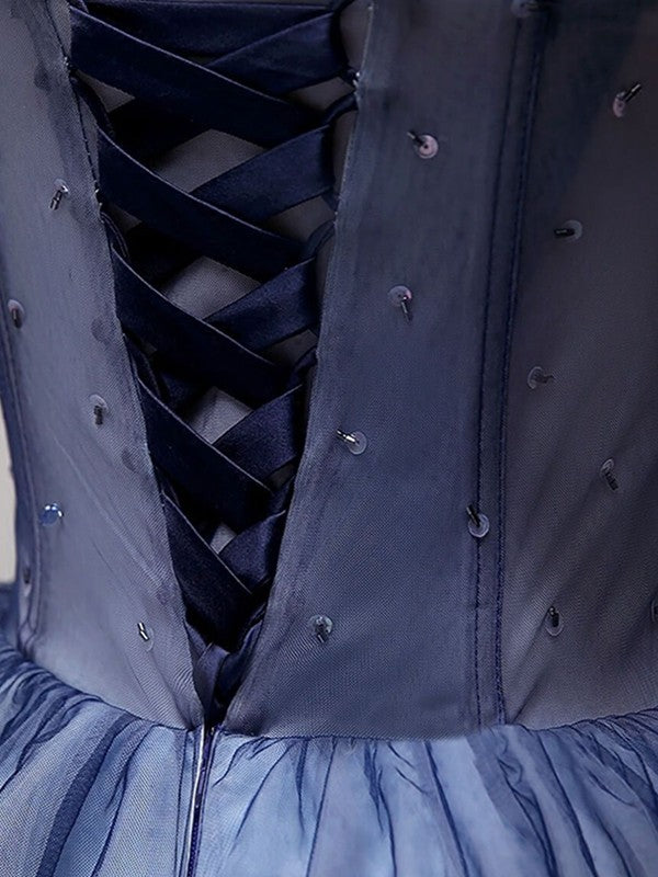 A-Line/Princess Tulle Beading Spaghetti Straps Sleeveless Short/Mini Dresses