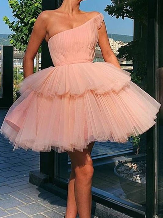 A-Line/Princess Tulle Ruffles One-Shoulder Sleeveless Short/Mini Dresses
