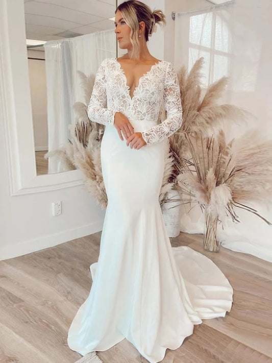 Vestidos de novia con escote en V, mangas largas y cola larga, de crepé elástico y encaje
