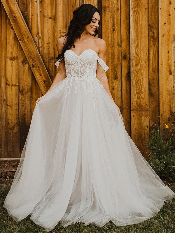 Vestidos de novia de corte A/princesa, con apliques de tul, hombros descubiertos, sin mangas y cola larga