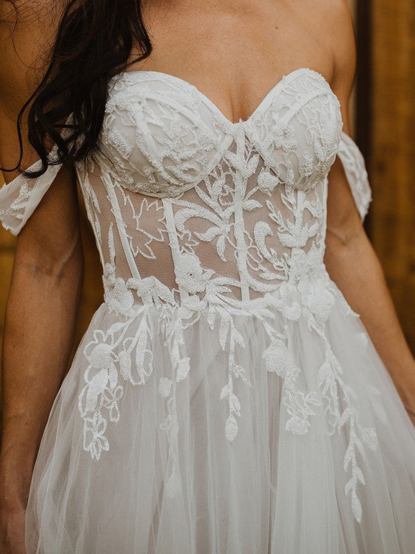 Vestidos de novia de corte A/princesa, con apliques de tul, hombros descubiertos, sin mangas y cola larga