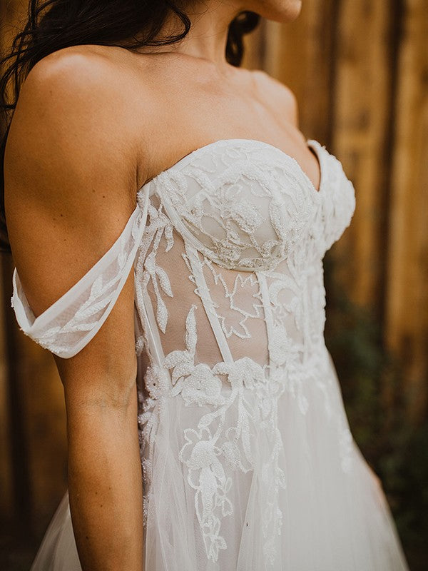 Vestidos de novia de corte A/princesa, con apliques de tul, hombros descubiertos, sin mangas y cola larga