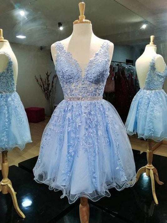 Vestidos cortos/mini de corte A/princesa, de tul, con encaje, escote en V y sin mangas