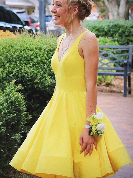 Vestidos cortos/mini de satén con volantes, escote en V, sin mangas, corte A/princesa