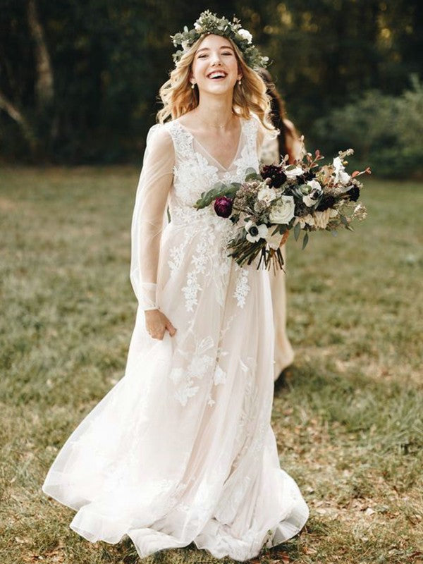 A-Linie/Princess-Linie Tüll Applikationen V-Ausschnitt Lange Ärmel Sweep/Pinsel zug Brautkleider