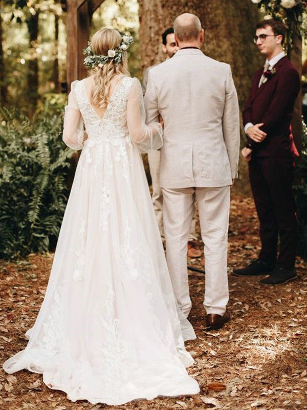 A-Linie/Princess-Linie Tüll Applikationen V-Ausschnitt Lange Ärmel Sweep/Pinsel zug Brautkleider