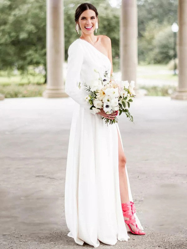 Vestido de novia de corte A/princesa, de crepé elástico, con volantes, un hombro, mangas largas y cola larga