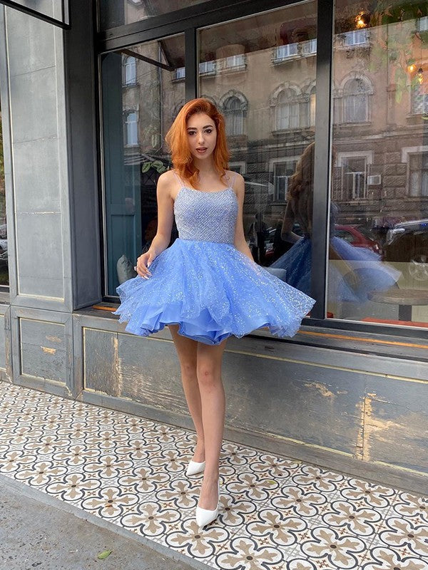 Vestidos cortos/mini sin mangas con tirantes finos y volantes de corte A/princesa