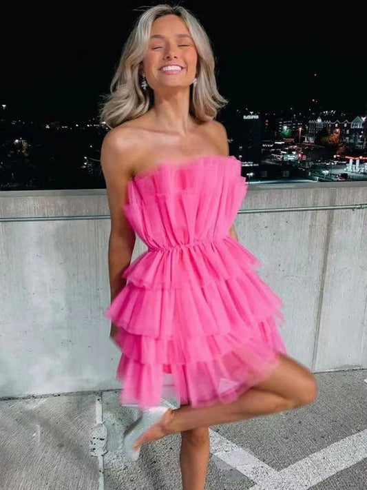 Vestidos cortos/mini de corte A/princesa con capas de tul, sin tirantes y sin mangas