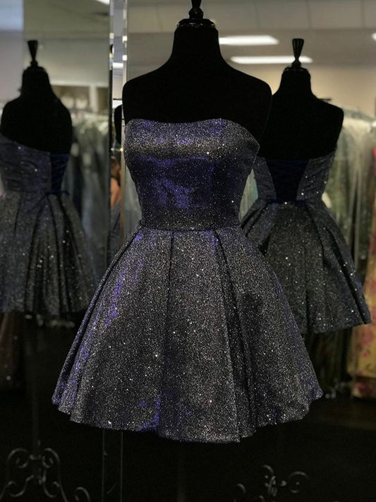 Vestidos cortos/mini de corte A/princesa con volantes, sin tirantes y sin mangas