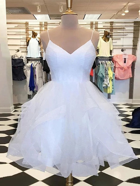 Vestidos cortos/mini sin mangas con escote en V, tul, volantes y corte princesa