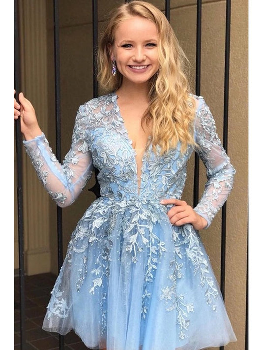 Vestidos cortos/mini de corte A/princesa con apliques de encaje, escote en V y mangas largas