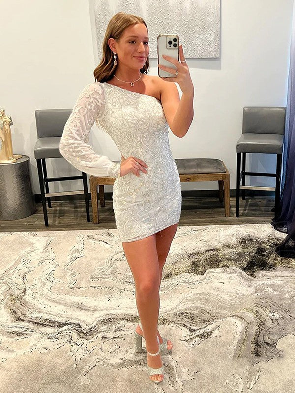 Sheath/Column One-Shoulder Long Sleeves Short/Mini Dresses