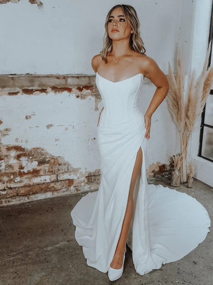 Sheath/Column Stretch Crepe Ruched Strapless Sleeveless Court Train Wedding Dresses