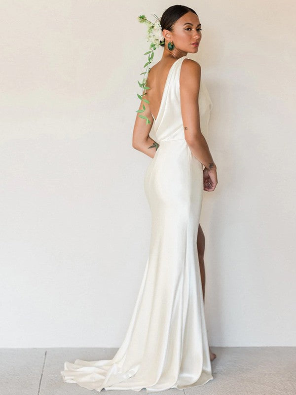 Sheath/Column Woven Satin Ruched Sleeveless Sweep/Brush Train Wedding Dresses