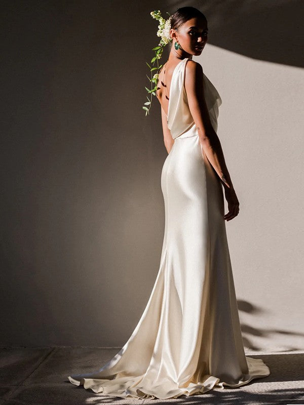 Sheath/Column Woven Satin Ruched Sleeveless Sweep/Brush Train Wedding Dresses
