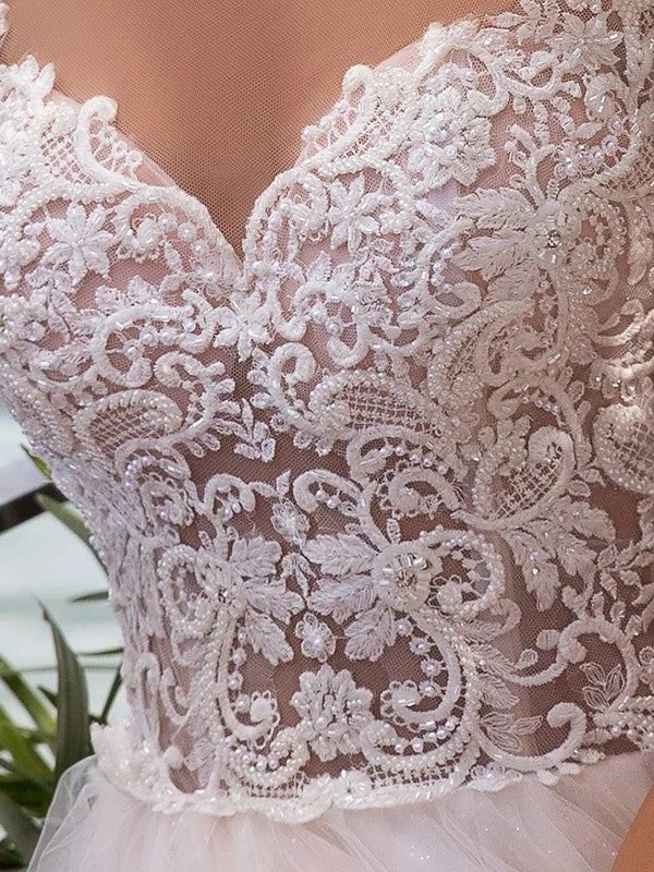 A-Linie/Princess-Linie, Tüll-Applikation, Bateau-Ausschnitt, ärmellos, Hof-Schleppe, Brautkleider