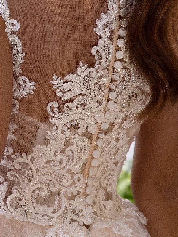 A-Linie/Princess-Linie, Tüll-Applikation, Bateau-Ausschnitt, ärmellos, Hof-Schleppe, Brautkleider