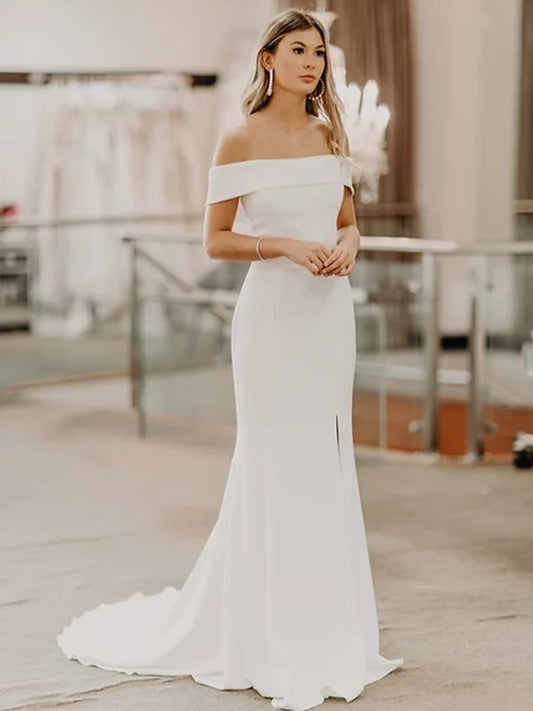 Vestidos de novia de corte tubo/columna, de crepé elástico, sin mangas, con hombros descubiertos y cola larga