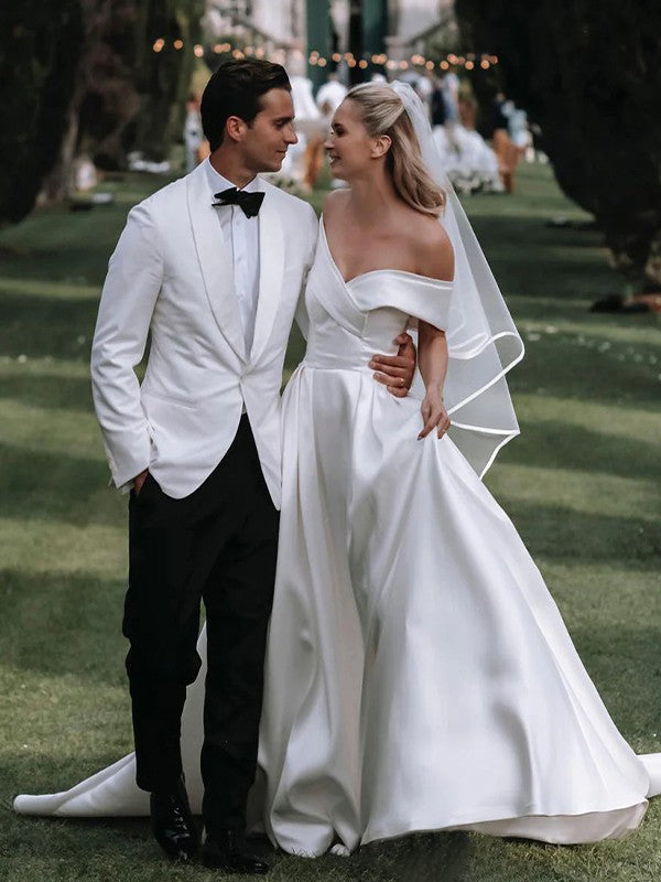 A-Line/Princess Satin Ruched Off-the-Shoulder Sleeveless Chapel Train Wedding Dresses