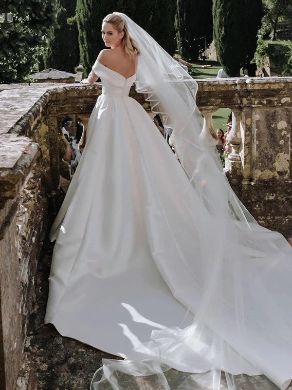 A-Line/Princess Satin Ruched Off-the-Shoulder Sleeveless Chapel Train Wedding Dresses