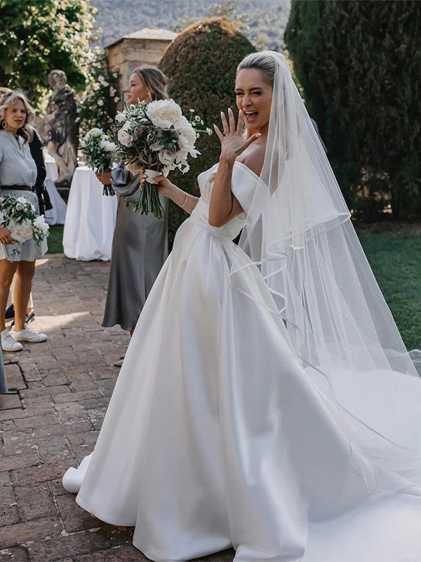 A-Line/Princess Satin Ruched Off-the-Shoulder Sleeveless Chapel Train Wedding Dresses