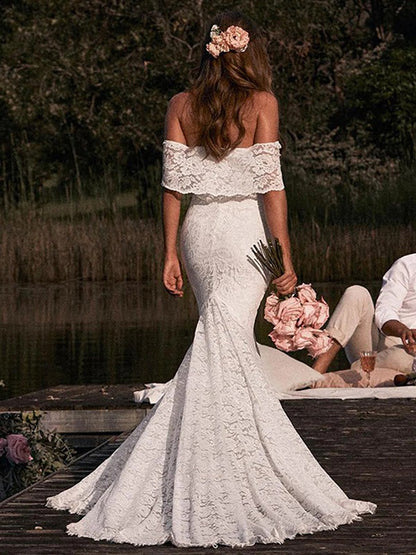 Trumpet/Mermaid Lace Off-the-Shoulder Short Sleeves Sweep/Brush Train Wedding Dresses