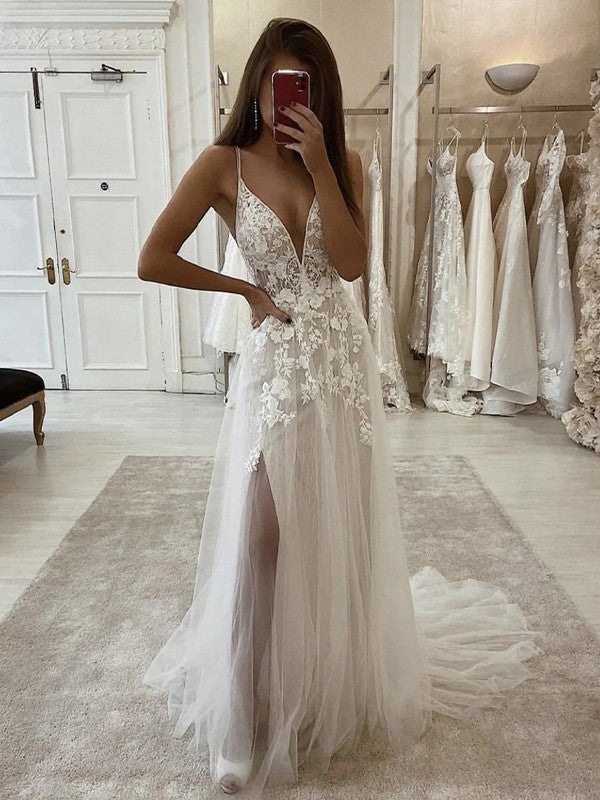 Vestidos de novia de corte A/princesa, con apliques de tul, escote en V, sin mangas y cola larga