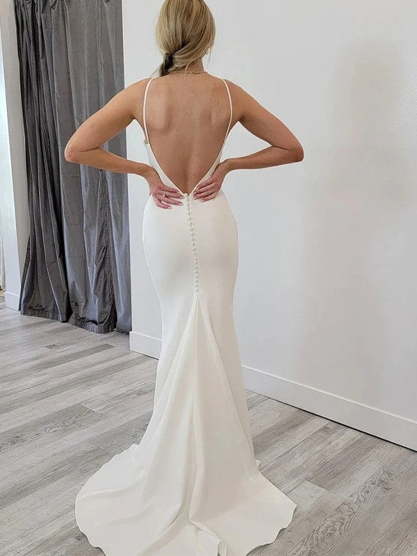 Vestidos de novia de corte tubo/columna, de crepé elástico, sin mangas, con cola larga