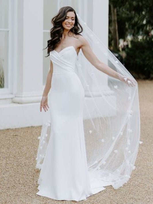 Sheath/Column Stretch Crepe Ruched Sweetheart Sleeveless Sweep/Brush Train Wedding Dresses