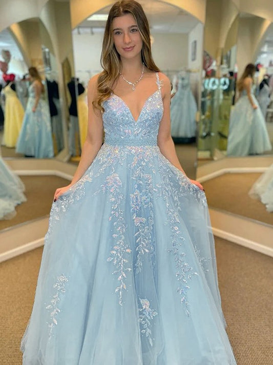 Vestidos de corte A/princesa con apliques de tul, escote en V, sin mangas y cola larga