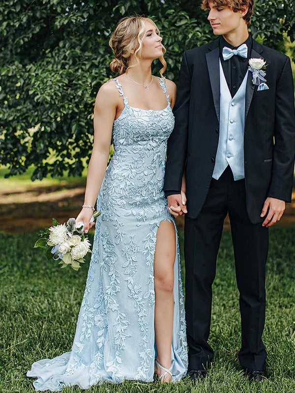 Sheath/Column Tulle Applique Straps Sleeveless Sweep/Brush Train Dresses