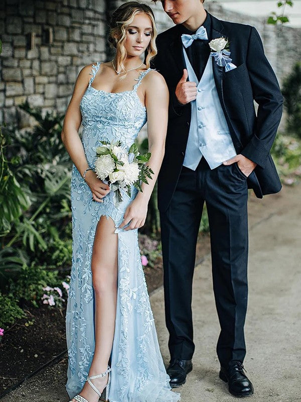 Sheath/Column Tulle Applique Straps Sleeveless Sweep/Brush Train Dresses