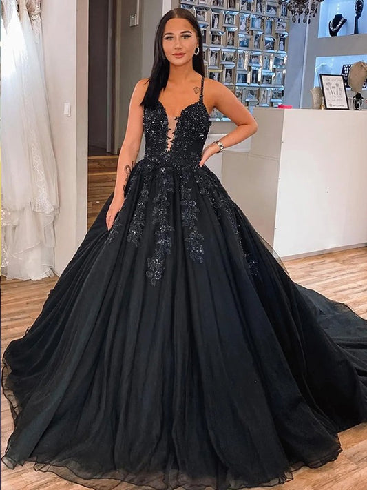 Vestido de fiesta con apliques de tul, escote en V, sin mangas, cola de corte