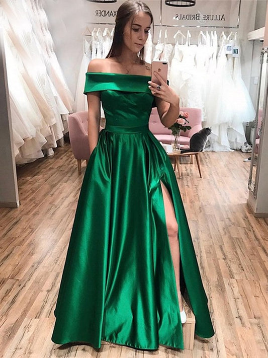 Vestidos de satén con volantes, hombros descubiertos, sin mangas y corte princesa hasta el suelo