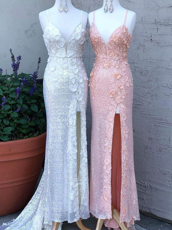 Vestidos de corte tubo/columna con lentejuelas, flores hechas a mano, escote en V, sin mangas y cola larga