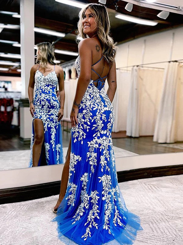 Vestidos de tul con escote en V, sin mangas, con cola larga y apliques de tul