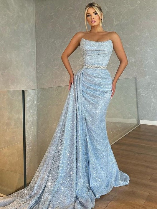 Sheath/Column Ruched Strapless Sleeveless Sweep/Brush Train Dresses