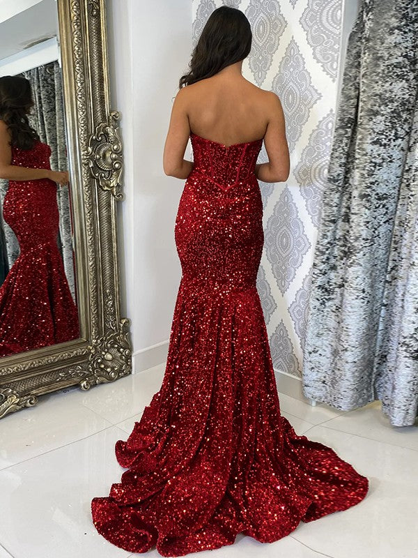 Sheath/Column Velvet Sequins Ruffles Sweetheart Sleeveless Court Train Dresses