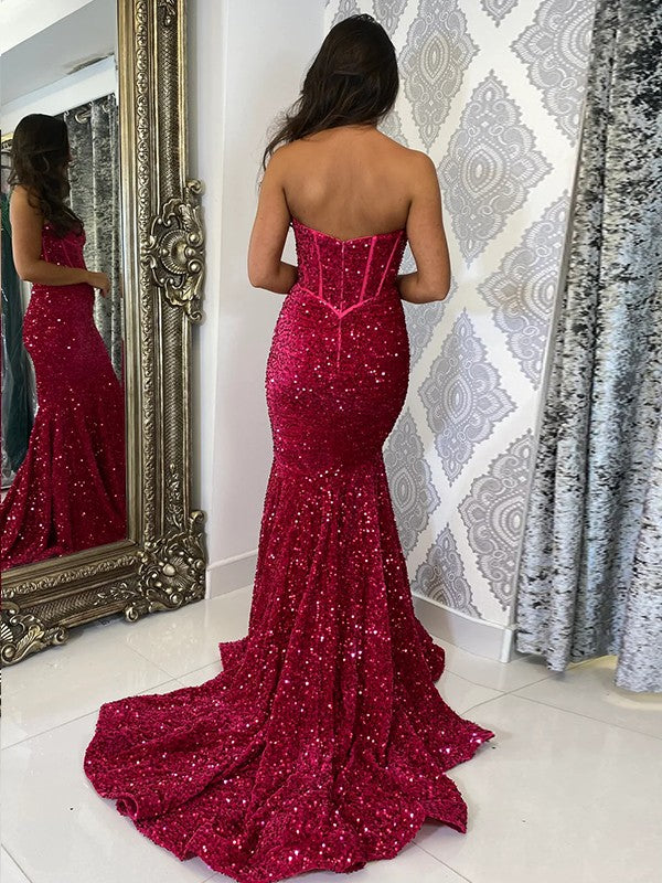 Sheath/Column Velvet Sequins Ruffles Sweetheart Sleeveless Court Train Dresses