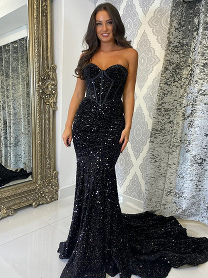 Sheath/Column Velvet Sequins Ruffles Sweetheart Sleeveless Court Train Dresses