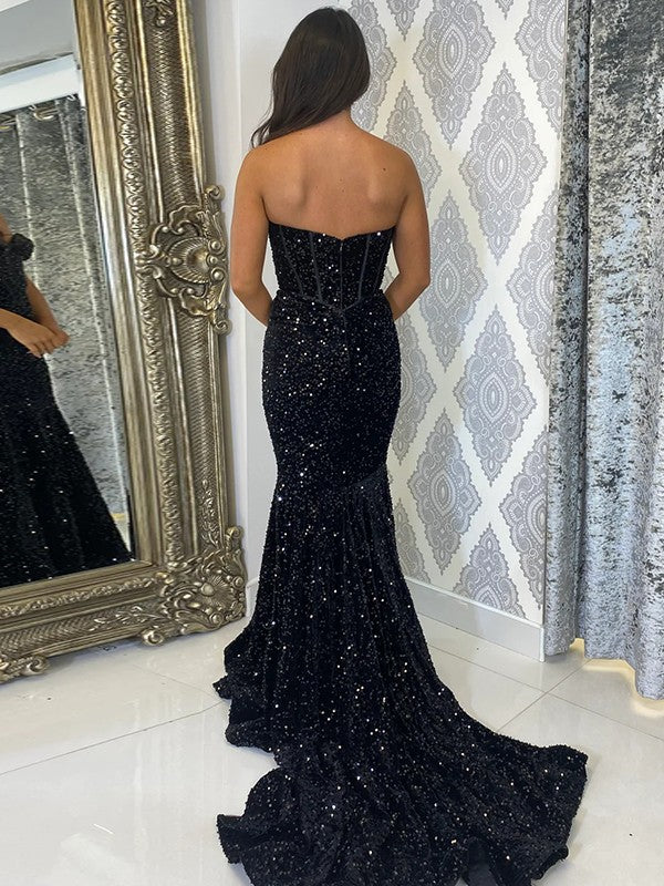 Sheath/Column Velvet Sequins Ruffles Sweetheart Sleeveless Court Train Dresses